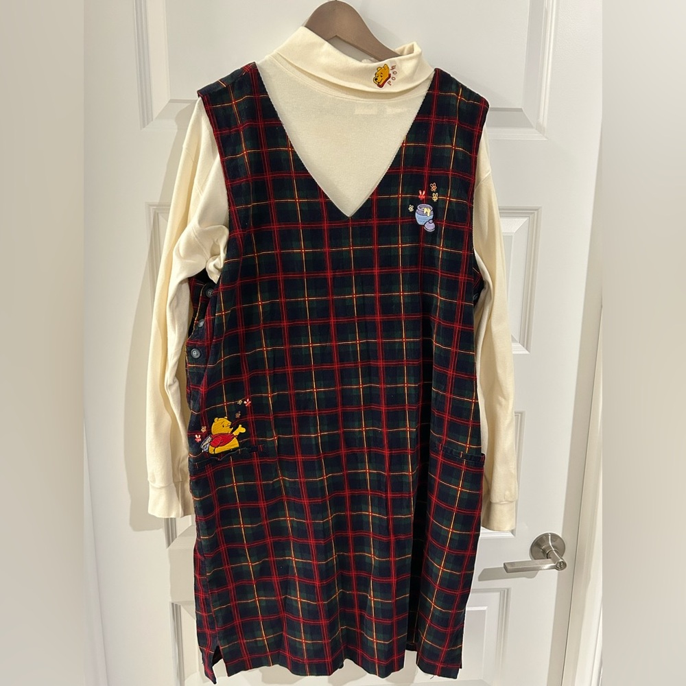 Disney Vintage Pooh Bear Corduroy Jumper Dress with Top Blue Cream Size XXL